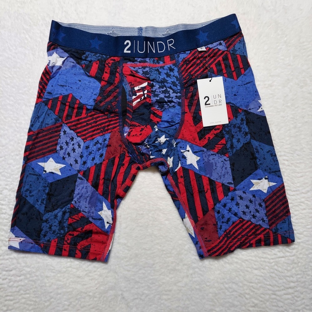 2UNDR Boxer Briefs Men's Small Blue Swing Shift Long Leg Freedom Stars Stripes